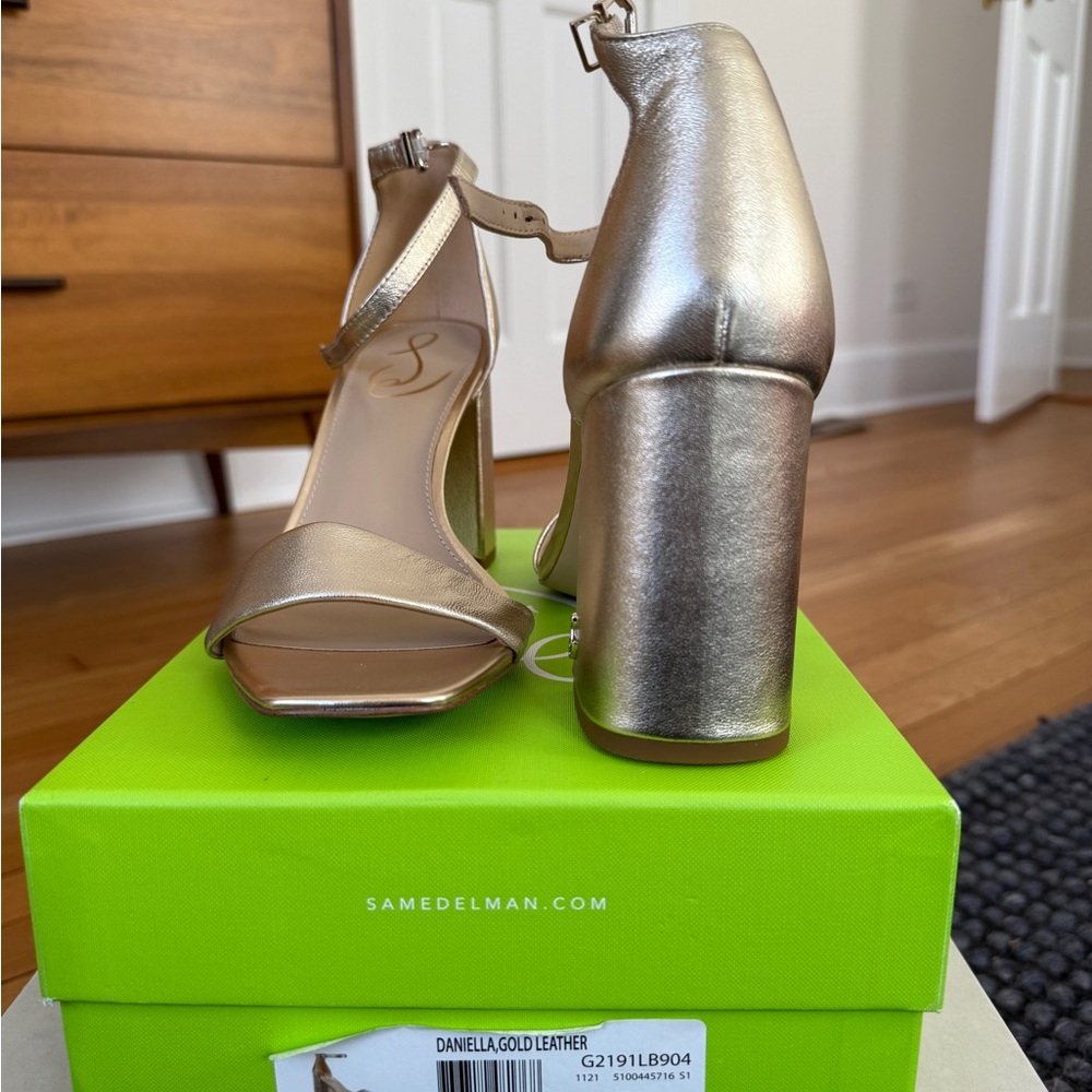 Sam Edelman Daniela Gold Leather Ankle-Strap Block Heels - Picture 2 of 3